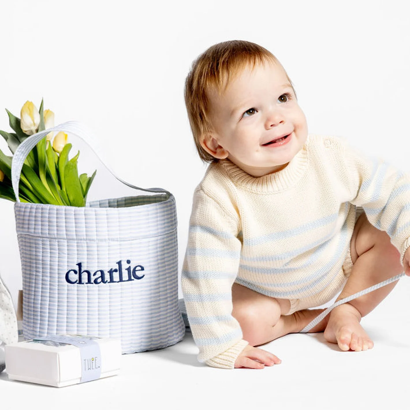 unisex cream and blue stripe knit sweater - Image 3