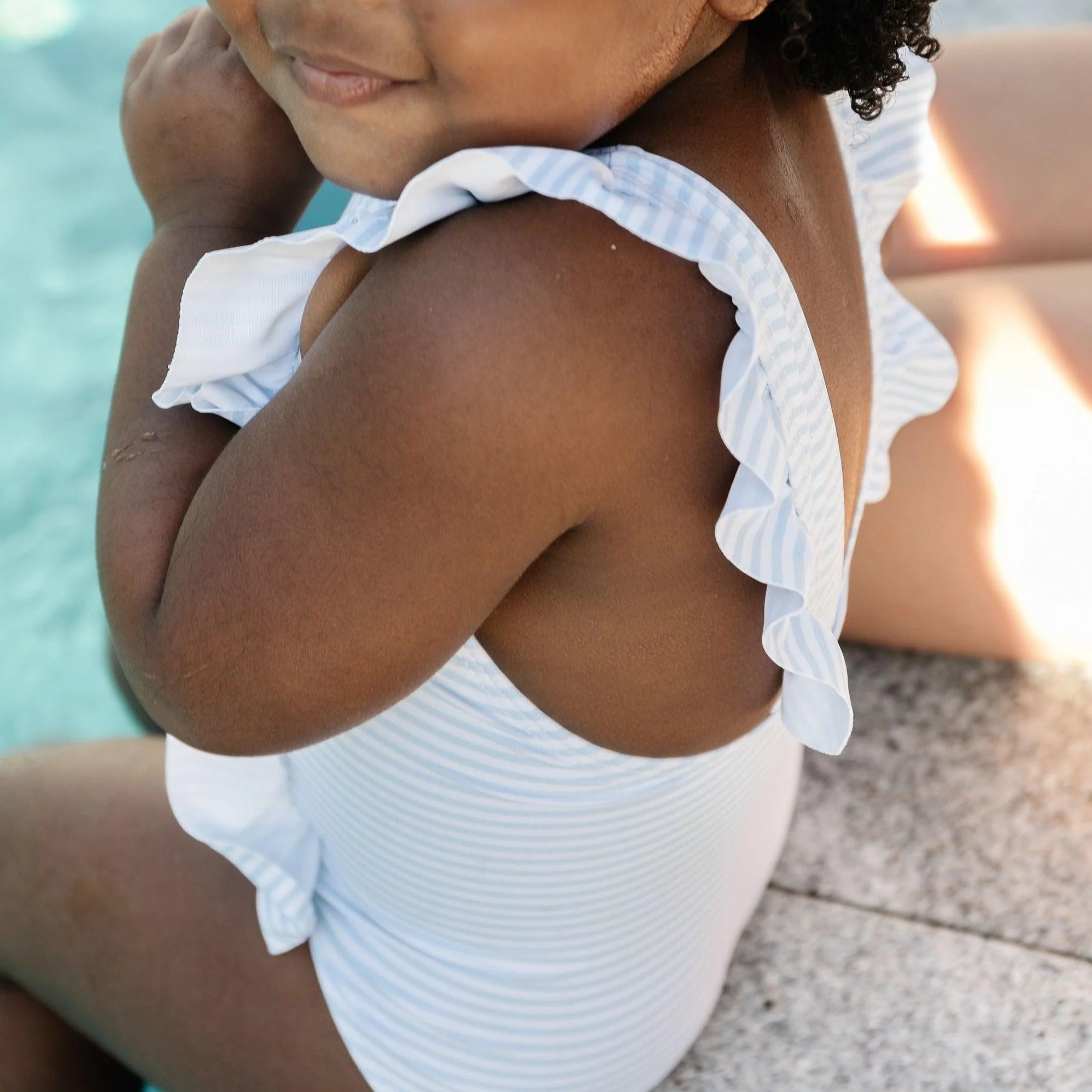 girls powder blue stripe ruffle one piece - Image 5