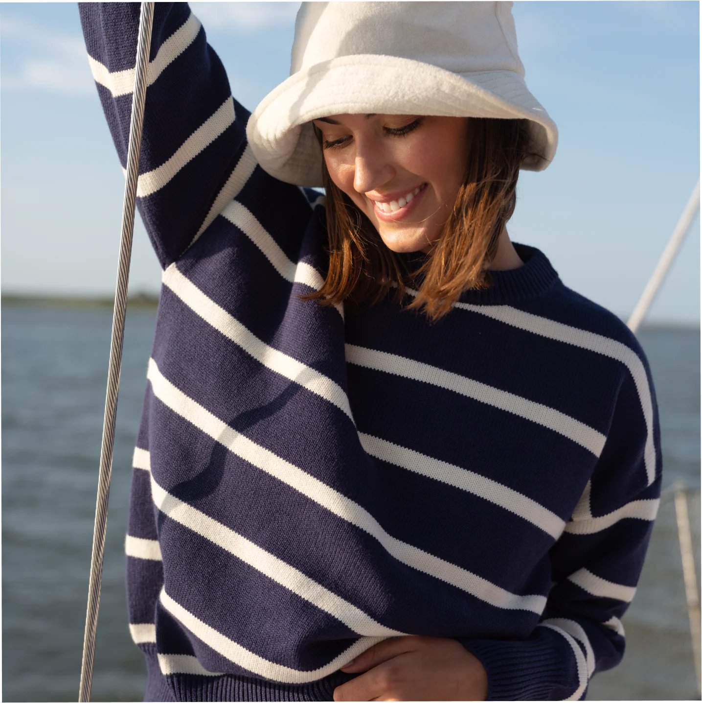 women's navy and cream wide stripe knit sweater - Image 3