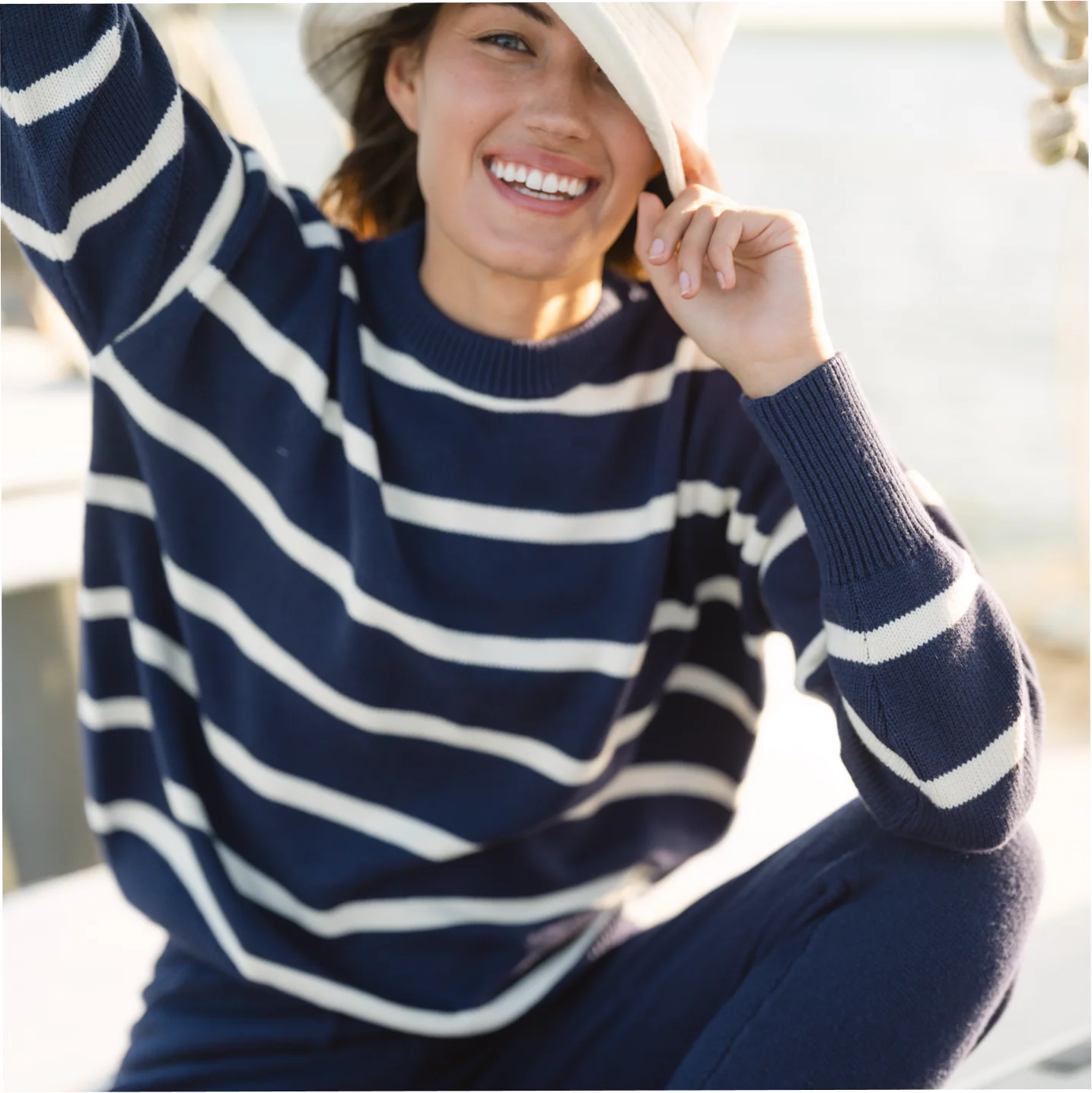 women's navy and cream wide stripe knit sweater - Image 4